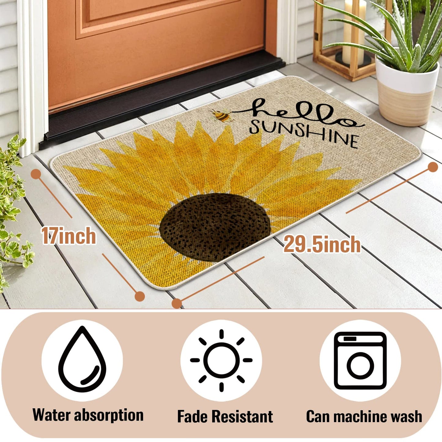 ORTIGIA Hello Sunshine Sunflowers Doormat Indoor Outdoor Patio Summer Sping Bee Kind Door Mats Non-Slip Durable Entrance Mat for Home Entrance, Outside Entry, Yard, Floor, Patio 17x29.5INCH