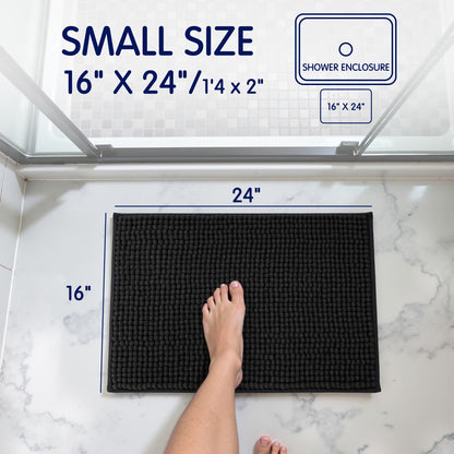 SUBRTEX Bathroom Rugs Chenille Bath Rug Soft Short Plush Bath Mat Soft Shower Mat Water Absorbent Shower Mat Quick Dry Machine Washable(Black,18" x 24")
