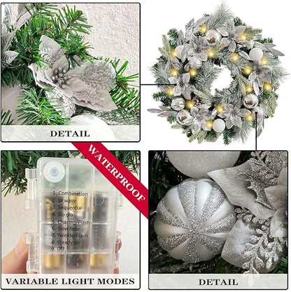WANNA-CUL Pre-Lit 24 Inch Lighted Christmas Wreath for Front Door Decor with Silver White Christmas Ball Ornaments and Poinsettia Flowers,Battery Operated 30 LED Lights
