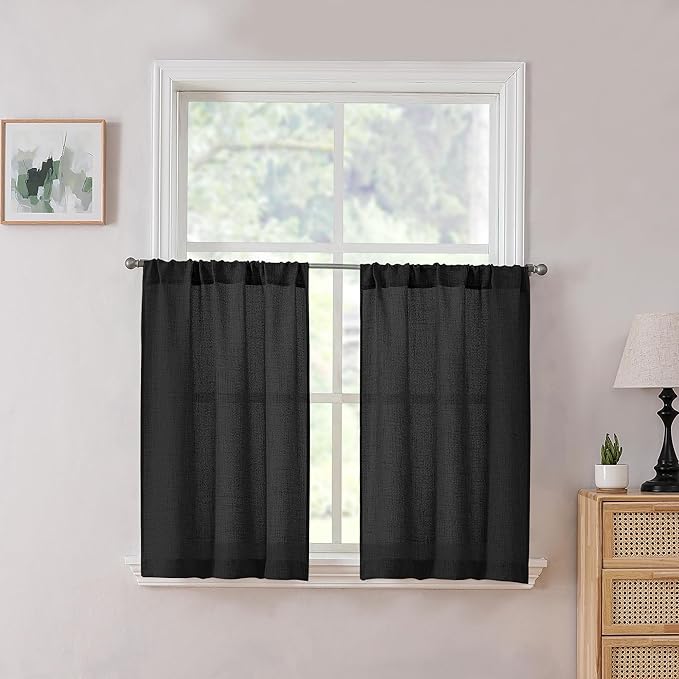 Tollpiz Linen Tier Curtain Rod Pocket Semi Sheer Half Kitchen Curtains Burlap Light Filtering Thick Linen Drape for Bathroom, 30 x 36 inches Long, Black, Set of 2 Panels