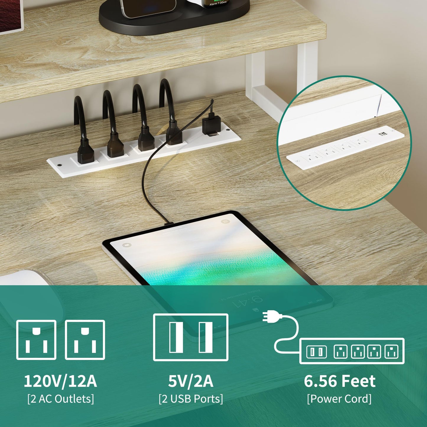 DWVO Computer Desk with Drawers, 47.2" Office Desk with Power Outlets & LED Light, Home Office Desk with Storage Shelves, White & Oak