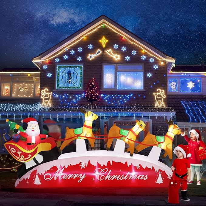 10 FT Christmas Inflatables, Santa Sleigh with Reindeer Christmas Outdoor Inflatables, LED Lights Blow up Inflatable Yard Decoration for Christmas, Long Xmas Inflatable Party Garden Lawn Home Decor