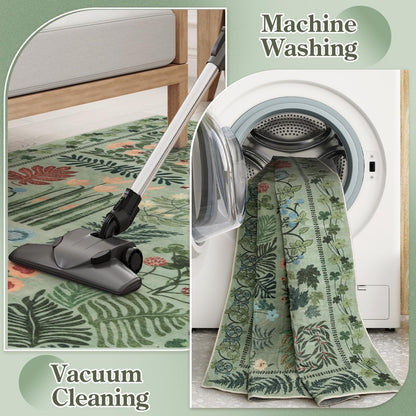 Zealude Boho Green Washable 8x10 Area Rug for Living Room, Floral Large Rugs for Bedroom Aesthetic, Non Slip Botanical Soft Indoor Throw Carpet for Dining Room Home Office Playroom (Green,8 x 10)