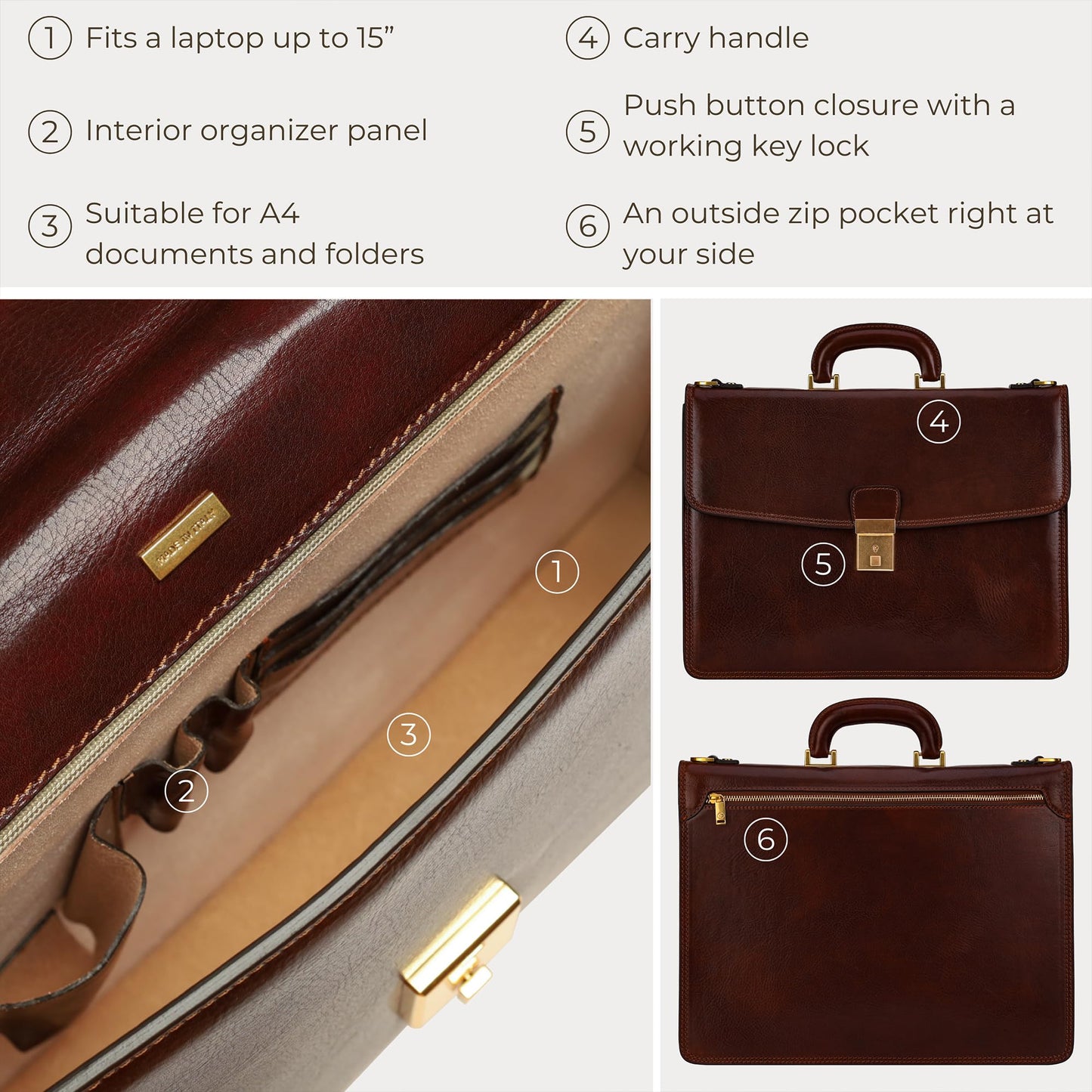 Time Resistance Leather Briefcase - Italian Handmade Leather Laptop Bag - Handbag for Men - Professional Computer Case (Brown)
