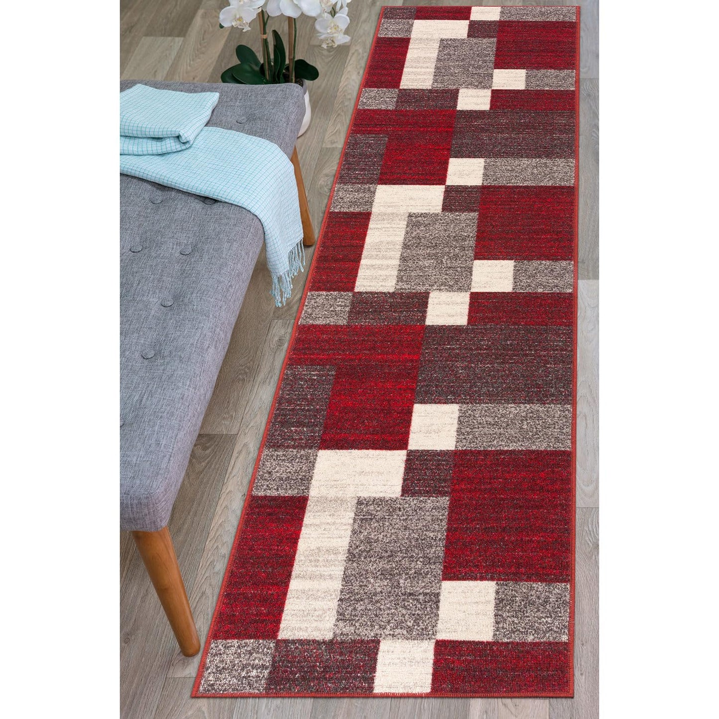 Rugshop Red Modern Geometric Boxes Non-Slip Area Rug Non-Shedding for Hallway, Entryway and Kitchen, 2' x 7'2" (22" X 84")