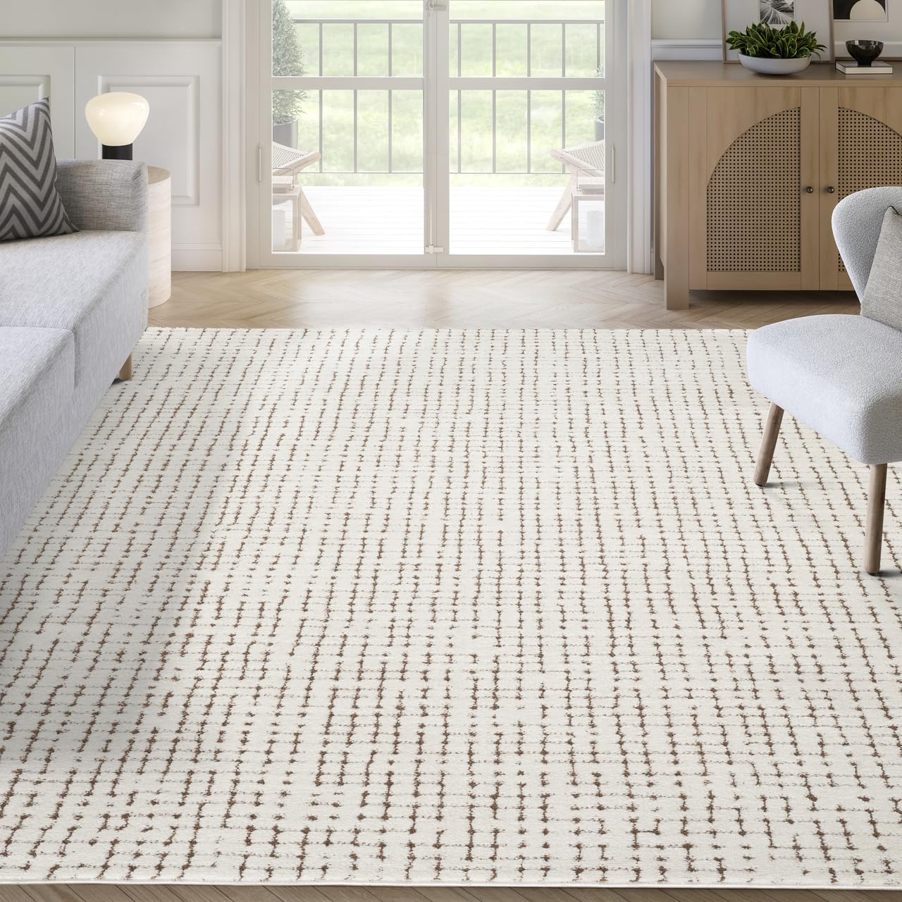 Abani Cream/Brown Area Rug – 4' x 6' – Oliver Collection – Crosshatch Pattern – Non-Shedding, Easy to Clean – Durable for Living Room, Bedroom, or Office, Pet & Child Friendly