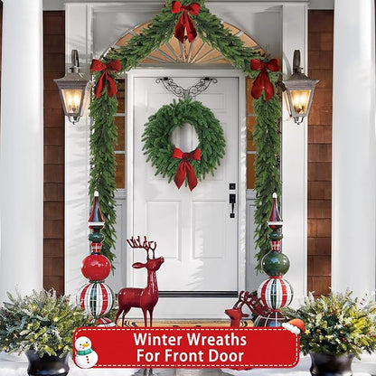 Christmas Wreaths Outdoor Realistic 24 Inch Large Artificial Winter Greenery Pine Cedar Wreaths for Windows Xmas Holiday Home Table Mantle Yard Staircase Wall Door Porch Hanging Decor Outdoor Indoor