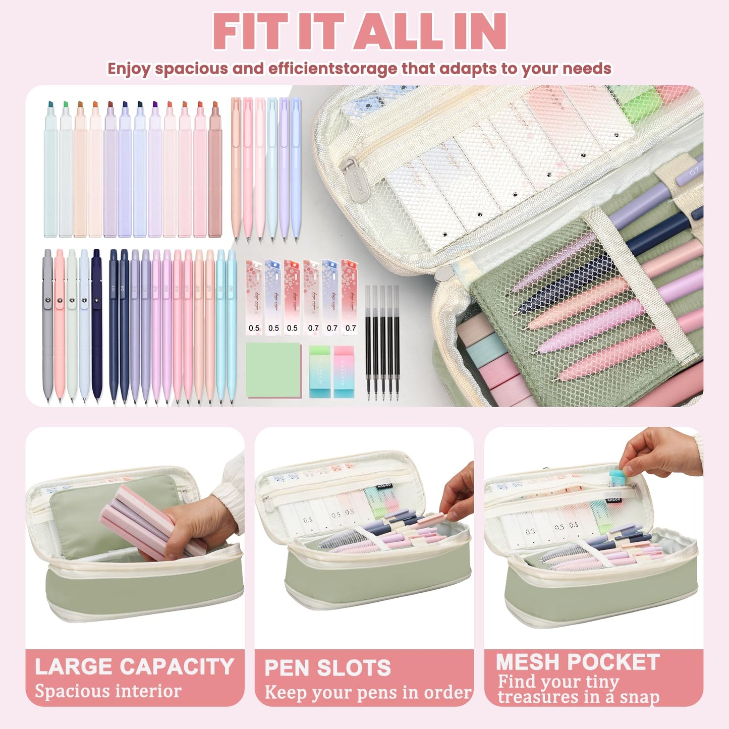 50 PCS Aesthetic School Supplies with Cute Pen Case,12 Pastel Highlighters,5 Black Ink Gel Pens, 12 Mechanical Pencils Set 0.5 & 0.7 mm 6 Color Gel Pens for Students Stationary College Essentials