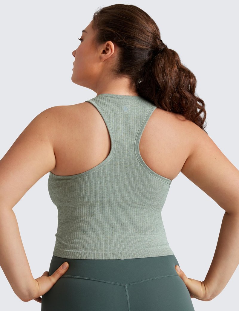 CRZ YOGA Seamless Ribbed High Neck Crop Tank Tops for Women - Longline Racerback Padded Sports Bras Dark Green Heather Medium