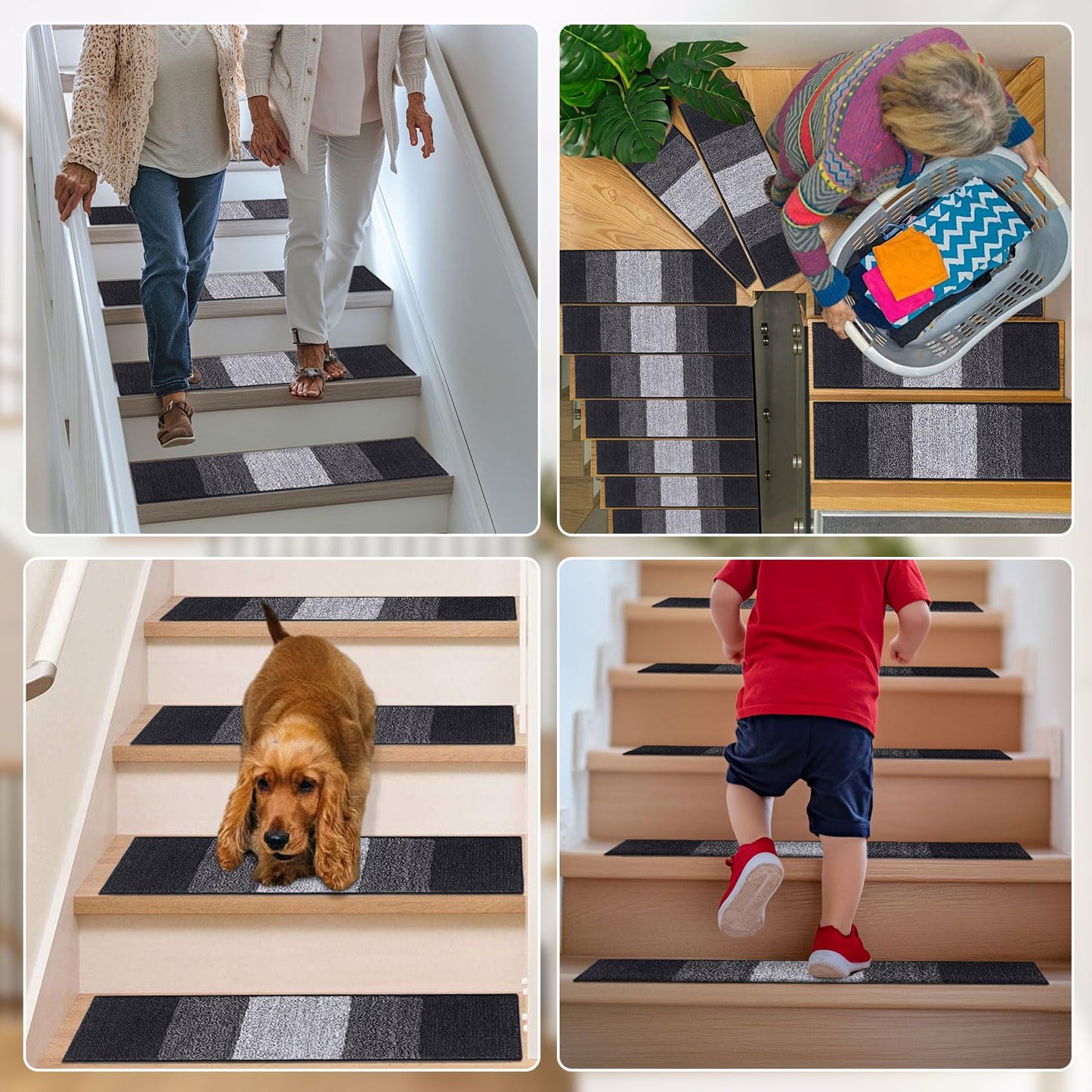 OLANLY Stair Treads Non Slip 10PCS, 8" x 30" Indoor Stair Runners for Wooden Steps, Edging Stair Rugs with Reusable Peel and Stick Adhesive for Kids Elders and Pets, Black