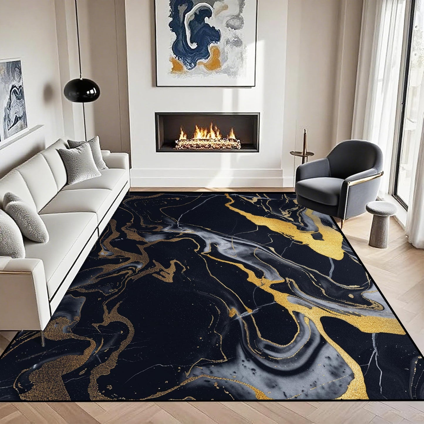 VTKON 5' x 7' Marble Area Rug for Living Room Bedroom Dining Room Black Gold Marble Rug Marble-Patterned Carpet Marbled Throw Rug for Kids Adults Washable Floor Mat Non-Slip Carpet Game Room Decor