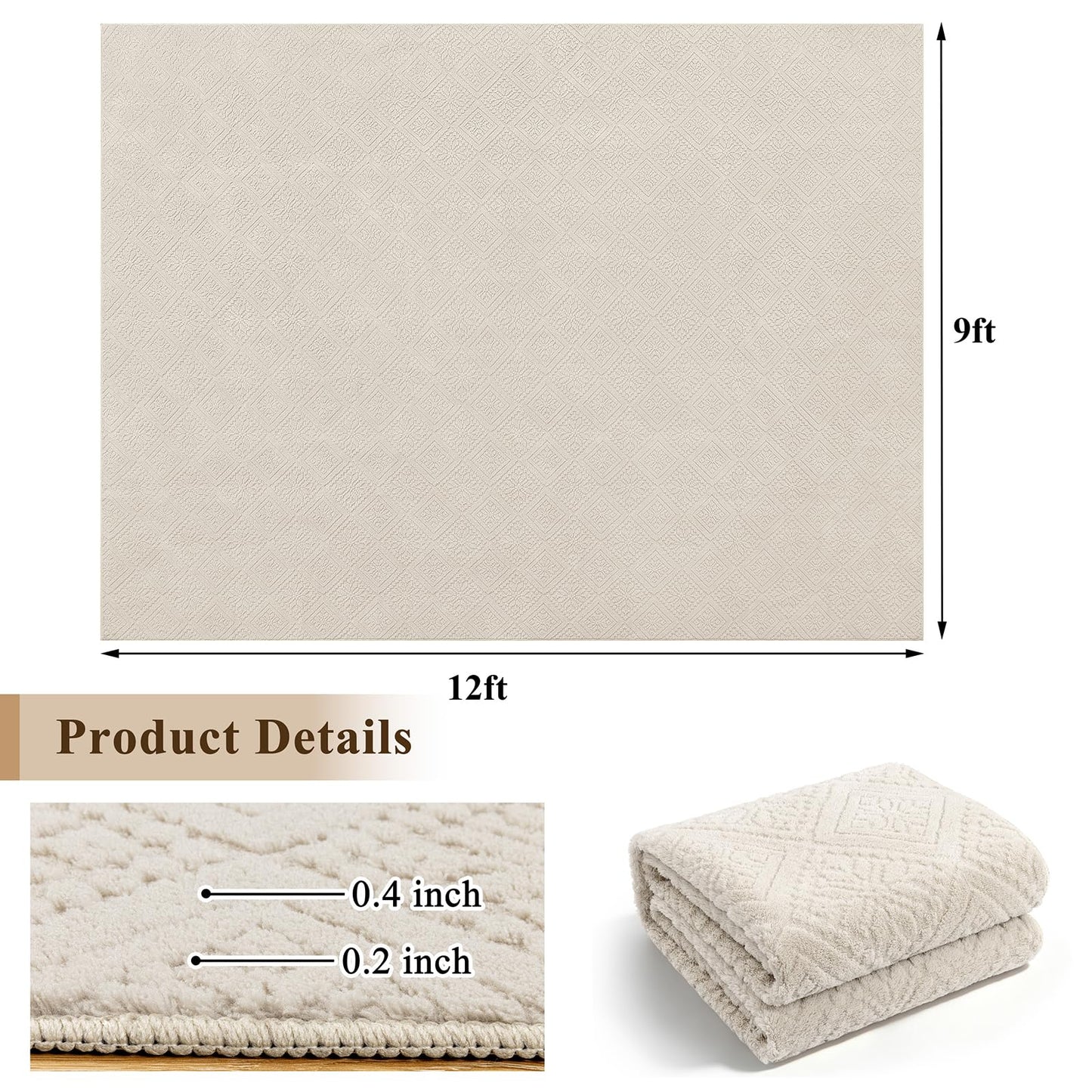 U'Artlines 9x12 Beige Washable Area Rug for Living Room, Soft Fluffy High Low Textured Carpet, Modern Neutral Geometric Non Slip Rugs for Bedroom Dining Room Kids Room