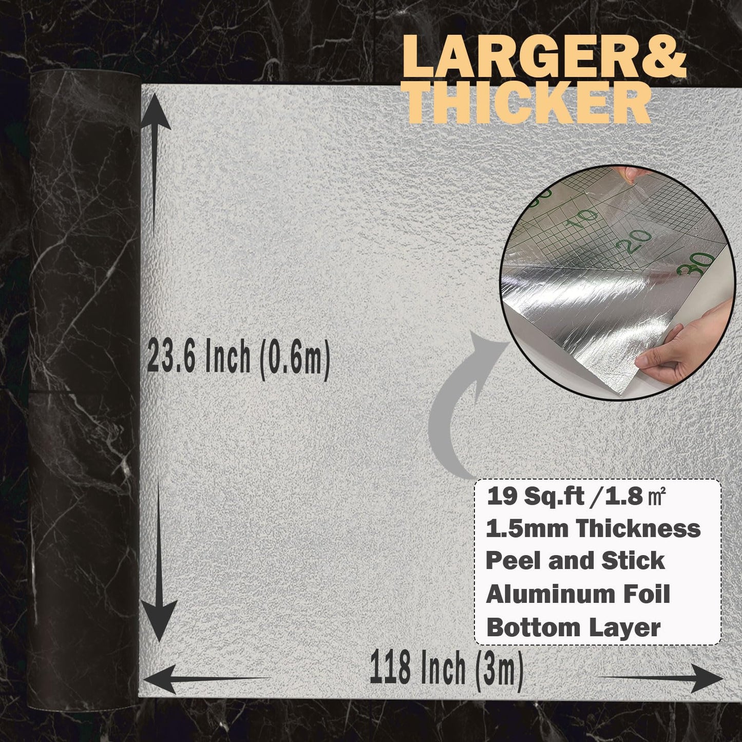 Oxdigi Vinyl Floor Tiles Peel and Stick 23"x 118"/19 Sq.Ft, Thicken Self Adhesive Vinyl Flooring Roll Marble Pattern Waterproof DIY Floor Coverings for Bathroom Living Room Kitchen, Black Marble