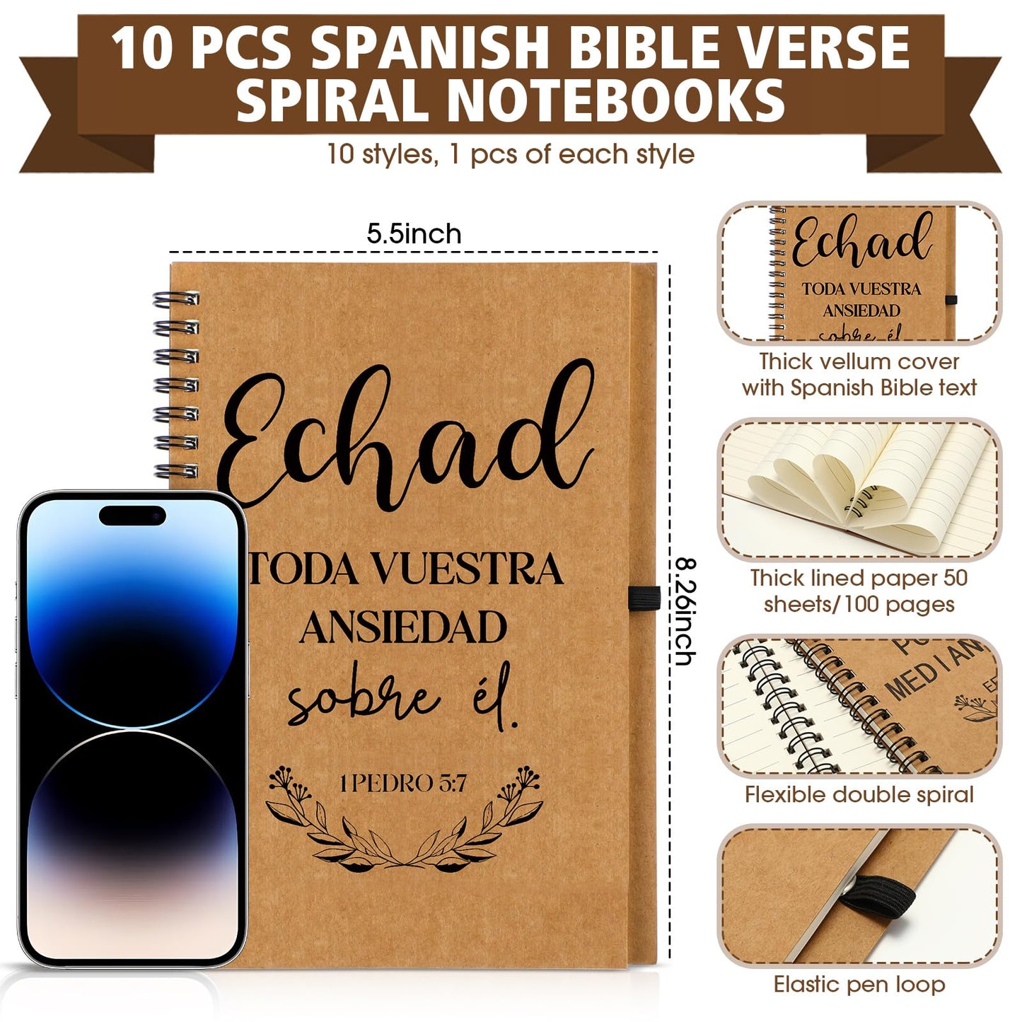 Resurhang 20 Pcs/10 Sets Regalos Cristianos En Español Spanish Christian Notebooks with Pen Spanish Religious Gift Bulk Motivational Journals Inspirational Pen Thank You Gift for Church (Kraft Color)