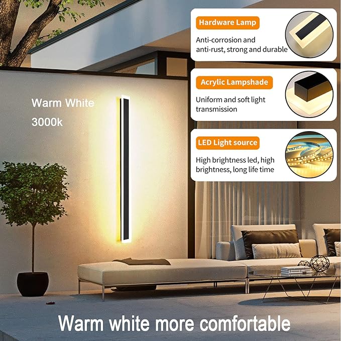 2Pack-23.6INCH Long Outdoor LED Wall Lights,18W Waterproof IP65 Warm White 120V LED Wall Mount Light Fixture Acrylic Black Exterior Wall Lights for House Courtyard Balcony Porch
