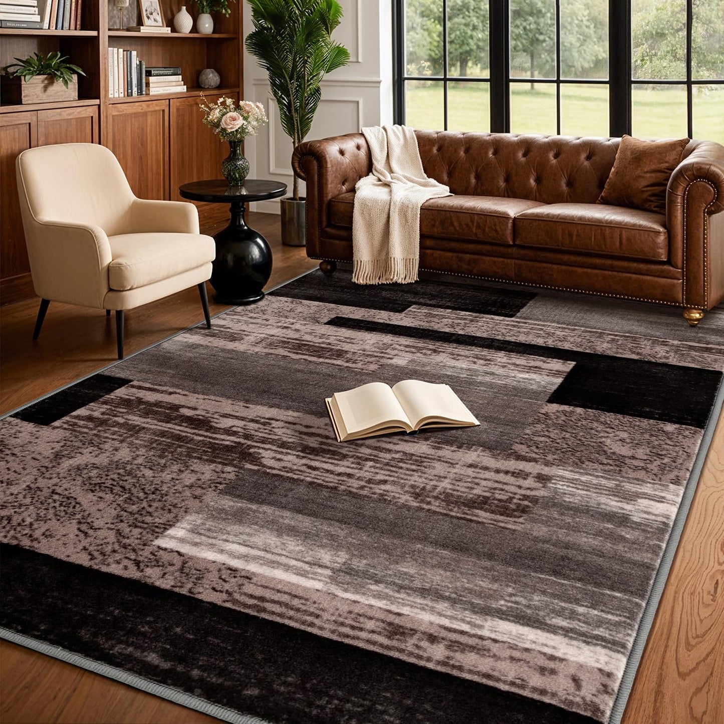 LIANLAM 5x7 Washable Area Rugs for Living Room and Bedroom, Vintage Checkered Pattern Non-Slip Carpet, Stain Resistant Low Pile Soft Rug for Dining Room,Office,Nursery,Kids Room(5x7,Chocolate)