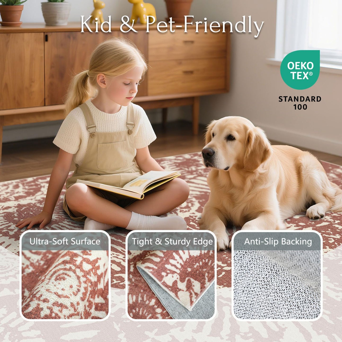 BLISSA Terracotta Modern 5x7 Area Rug - Ultra-Thin Washable Living Room Rug, Soft Non-Slip Geometric Neutral Abstract Rugs for Bedroom Kid Room Nursery Playroom Foyer Dining Room Rugs for Under Table