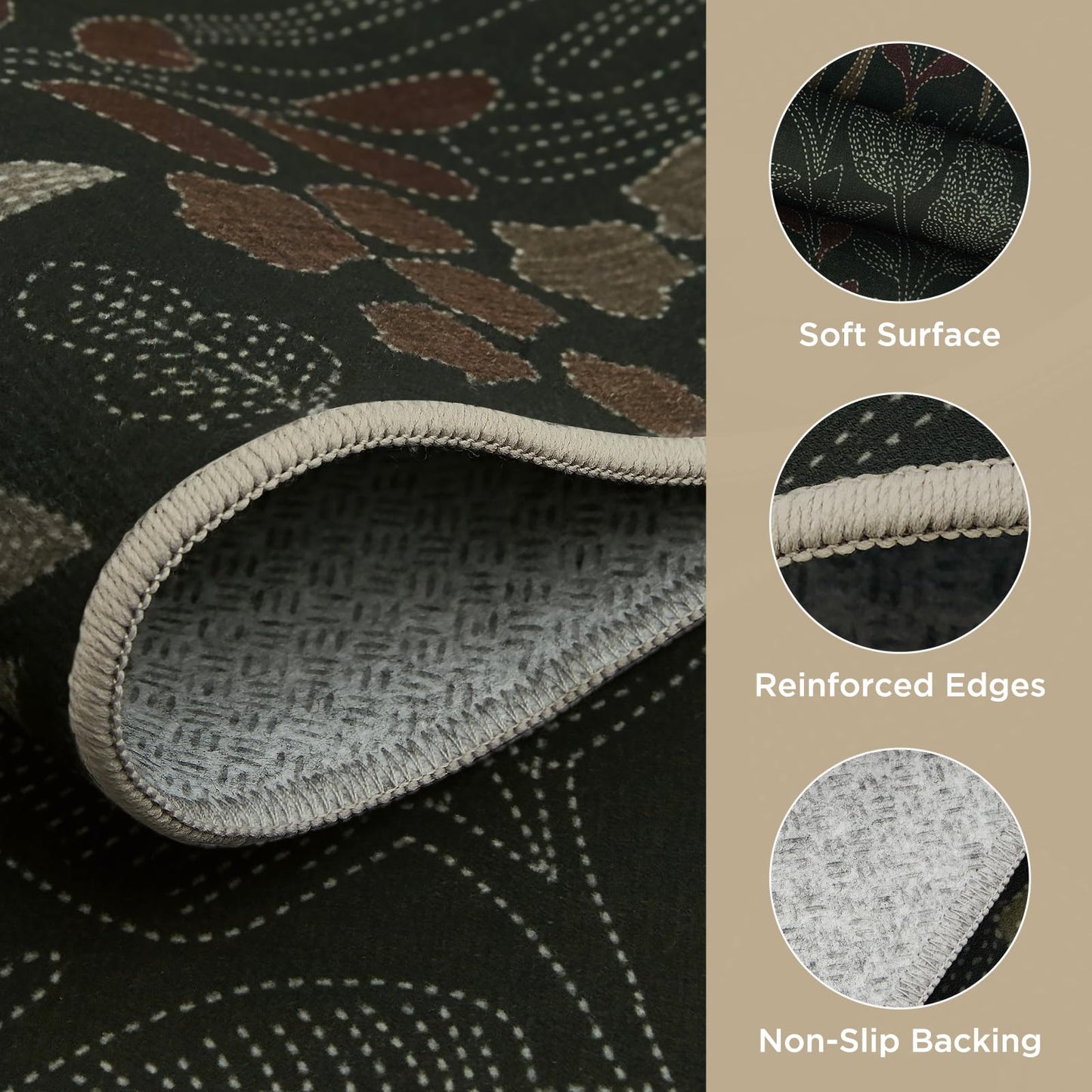 Joydeco Mushroom 5x7 Area Rugs for Bedroom, Washable Rugs for Living Room Non Slip, Boho Floral Botanical Ultra-Thin Soft Indoor Floor Throw Carpet for Dining Home Office, Black-Brown