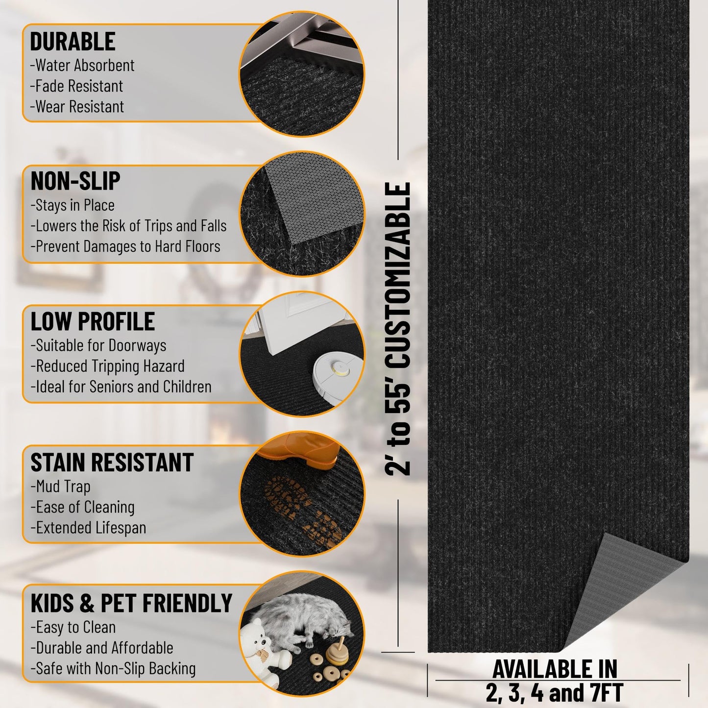 Ottomanson Mud Mat 2' x 3' Entryway Rug - Non-Slip Scraper Doormat for Muddy Paws, Dirt Trapping Indoor/Outdoor Mat for High-Traffic Areas, Kitchen, Garage, Patio, Black