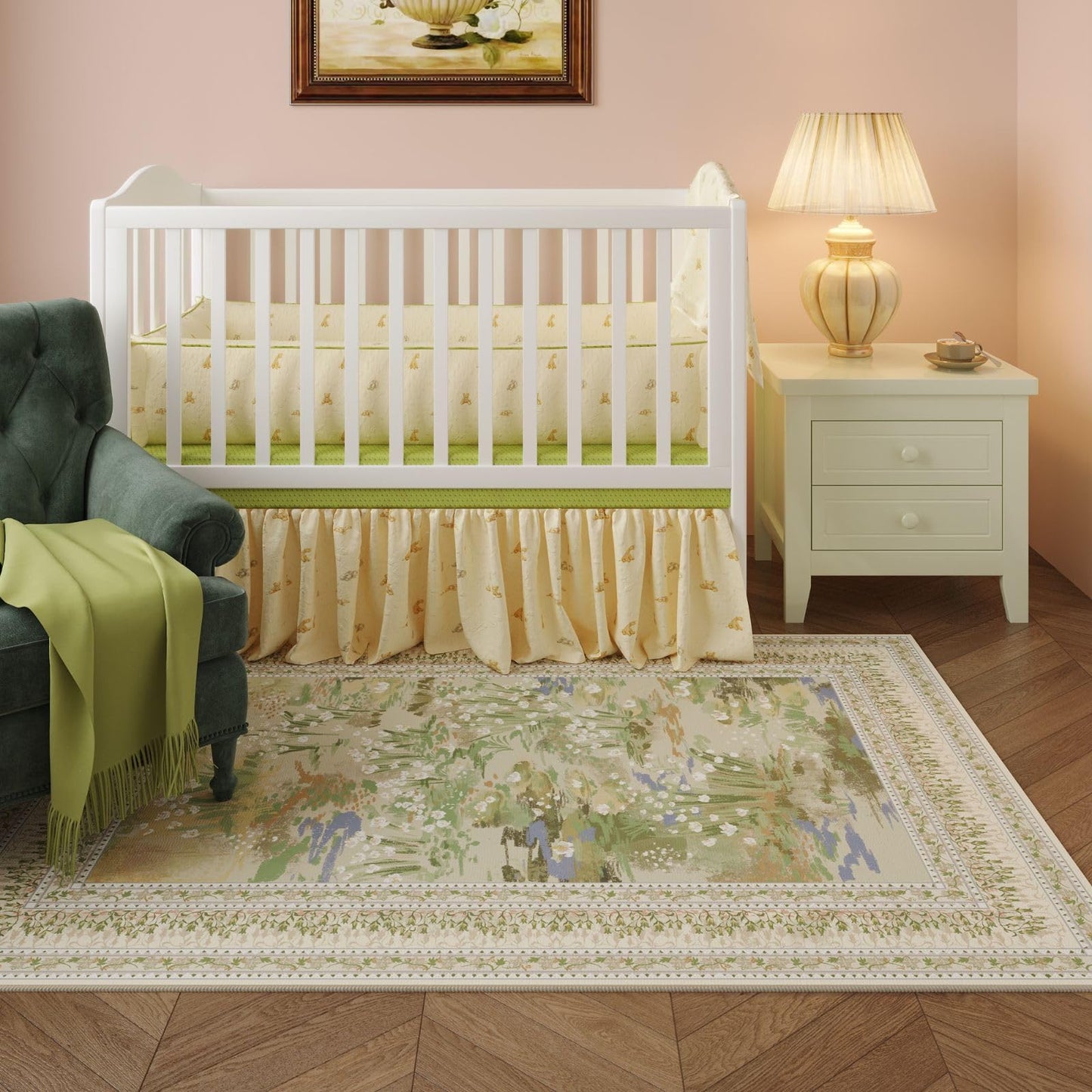 Rugcomf 4x6 Rug for Bedroom Impressionist-Style Vintage Washable Rugs Non Slip Low Pile Small Carpet for Bedside Kids Room Office Dining Room, Beige