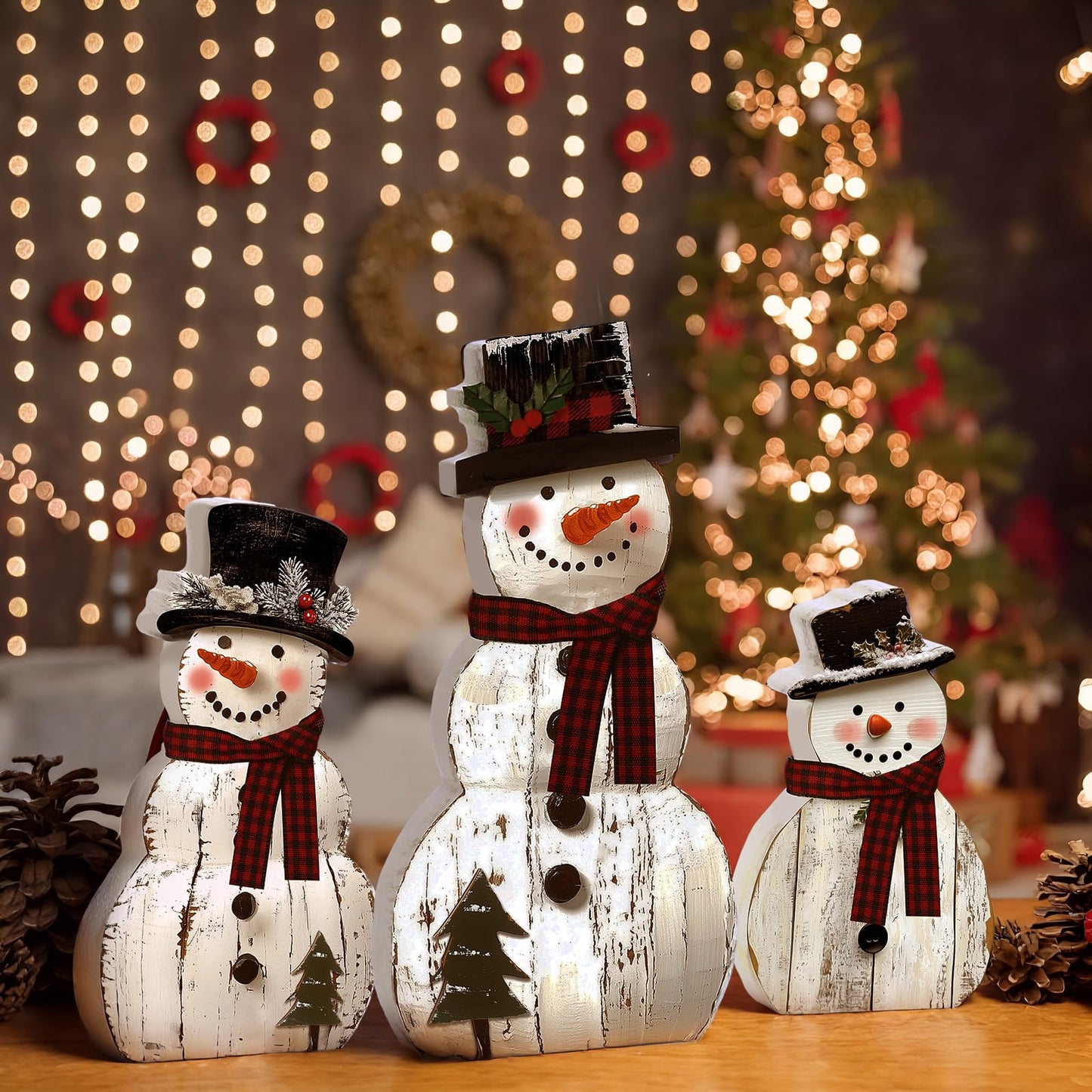 Barydat 3 Pack 3 Pcs Christmas Table Decorations Wooden Snowman Centerpieces Table Sign Tiered Tray Desktop Xmas Decoration for Indoor Home Kitchen Gifts Party (Christmas Tree Snowman)