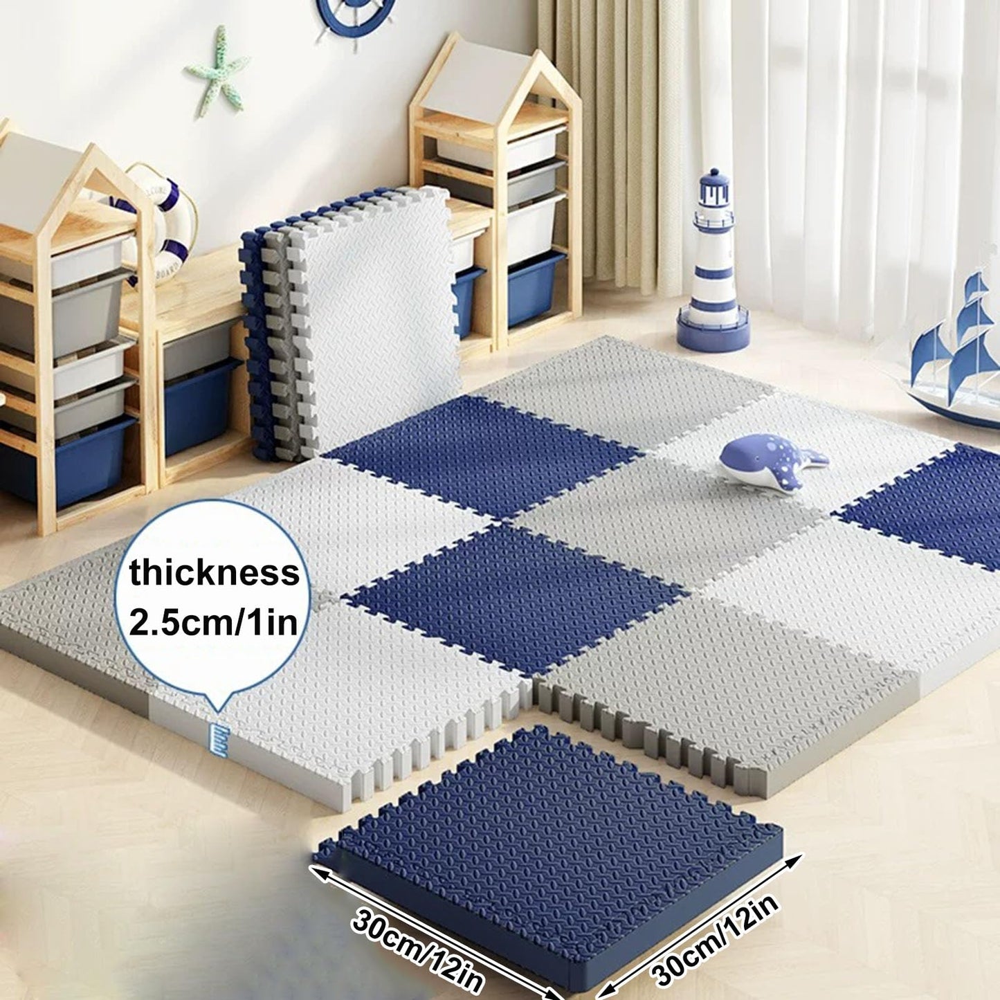 Foam Interlocking Floor Tiles Play Mat, 9pcs 12x12x1in Extra Thick EVA Foam Floor Mat Puzzle Exercise Mat, Protective Flooring for Workout Equipment (White+Navy Blue+Sky Blue)