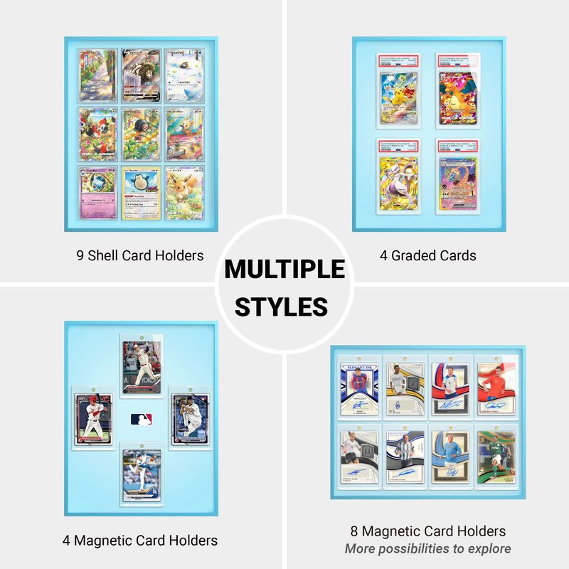 Glacier Blue 9-Card Display Case, Seamless Aluminum Frame with Tempered Glass for Graded Cards, Baseball Football Basketball Sports Card & TCG, Wall Mount Trading Card Frame, Includes 9 Shell Holders