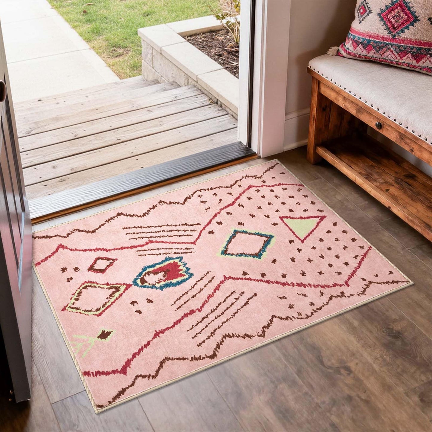 jinchan 2x3 Entryway Rug Pink Washable Modern Boho Rug Geometric Hot Nerd Doormat Soft Low Pile Non Slip Accent Small Mat Lightweight Cozy Throw Carpet for Kitchen Bathroom Laundry Room Study Dorm