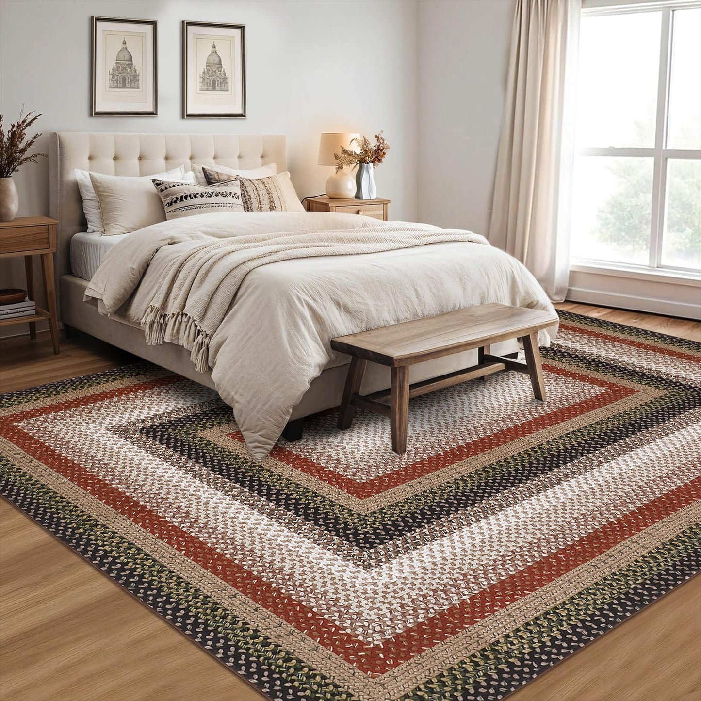 RUGSREAL 5x7 Bedroom Rug Machine Washable Living Room Area Rug Modern Braid Printed Throw Carpet for Dining Room Non Slip Large Entryway Rug Farmhouse Carpet for Home Decor, Crimson/Earthy