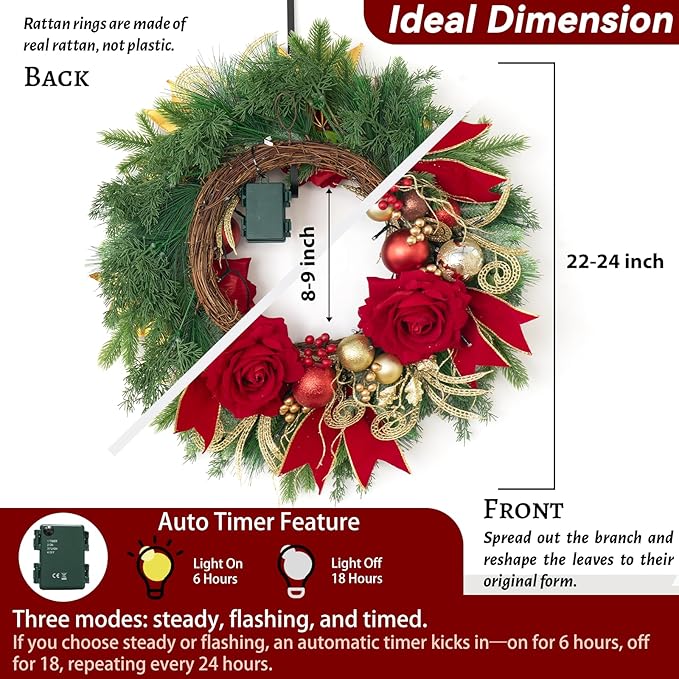 Christmas Wreaths for Front Door–24Inch Outdoor Christmas Door Wreath with Lights,Classic Xmas Wreath with Pinecone,White Berries and Silver Ornaments Design, Holiday Outdoor Wreaths Decor