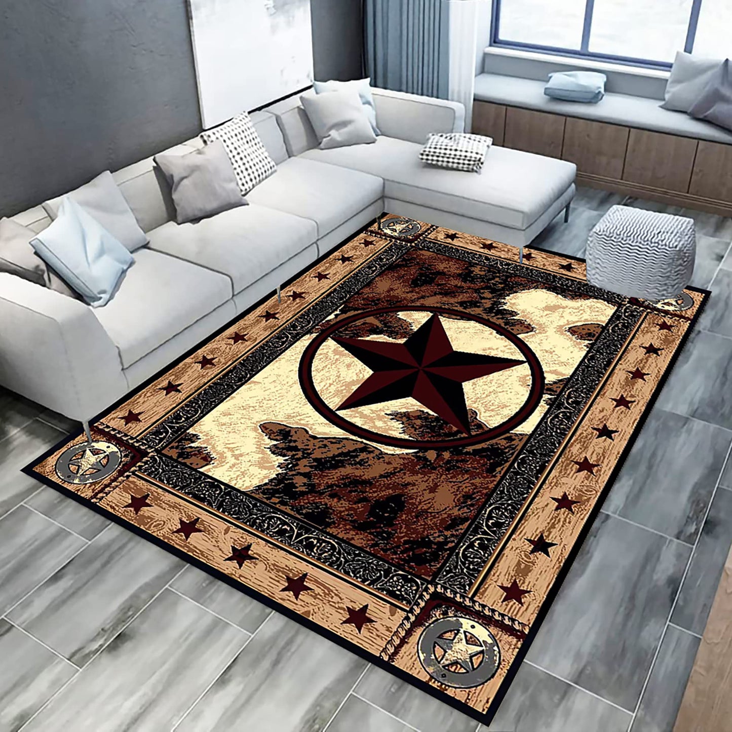 Brown Rustic Western Texas Star Modern Area Rug Primitive Carpet Farmhouse Rug Cowhide Runner Rug Non-Slipping Doormat for Hallway Kitchen Living Room Bedroom Laundry Room Entryway 5' x 7'