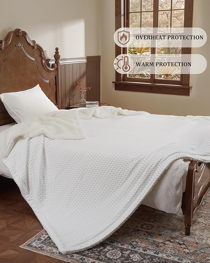 CAROMIO Heated Blanket Queen Size with LCD Dual Controller, Waffle Weave Fast Heating Electric Blankets, 10 Heat Levels & 1-12H Time Settings, ETL Certified, Machine Washable, Off White, 84" x 90"