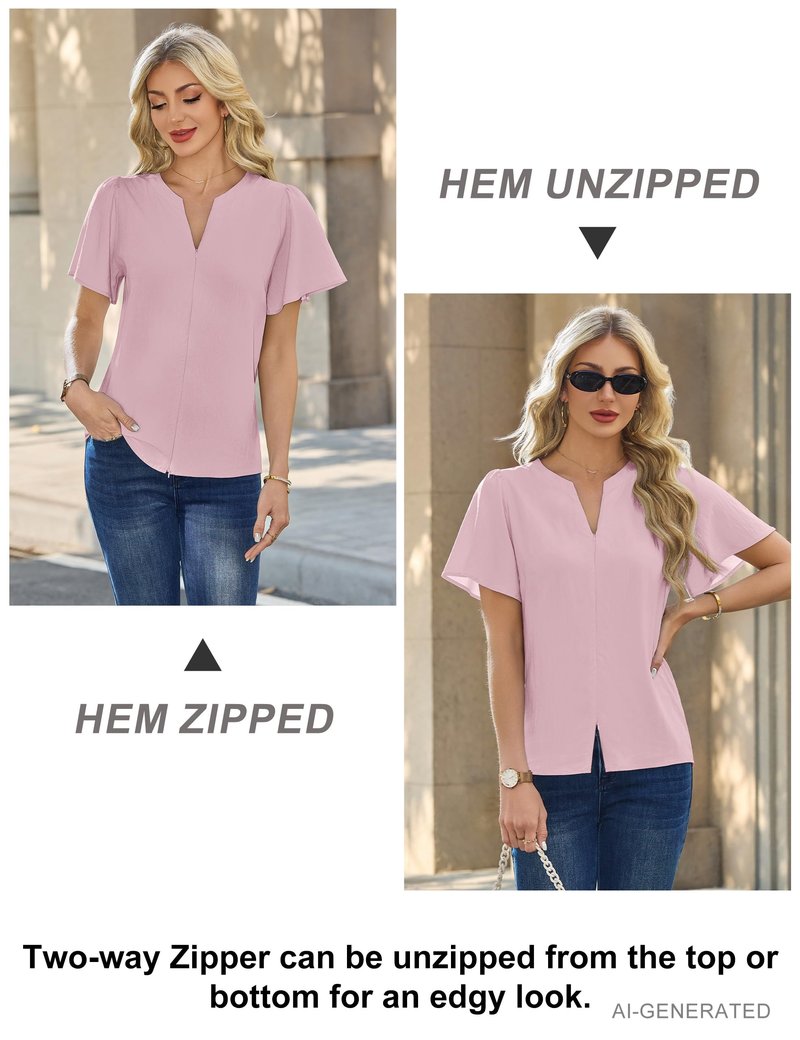 Blooming Jelly Womens Dressy Casual Blouses Business Work Summer Tops Zip Ruffle Short Sleeve Cotton Shirts Trendy Spring Outfits (Pink,Medium)