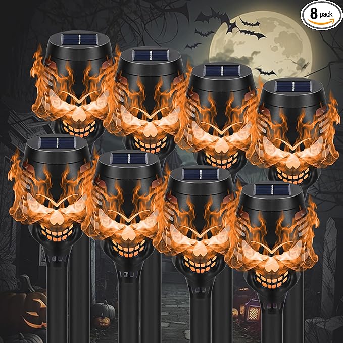 Solar Halloween Decorations Outdoor, 8 Pack Spooky Skulls Solar Torch Flame Lights, Waterproof Pathway Halloween Lights for Garden, Yard, Lawn, Porch, Landscape Decor, Orange