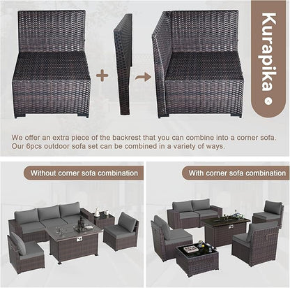 Kurapika 10 Pieces Patio Furniture Set, Rattan Wicker Outdoor Conversation Sets w/43in Propane Fire Pit Table, Swivel Rocking Chairs Patio Sectional Sofa w/4 Inch Cushion, Grey