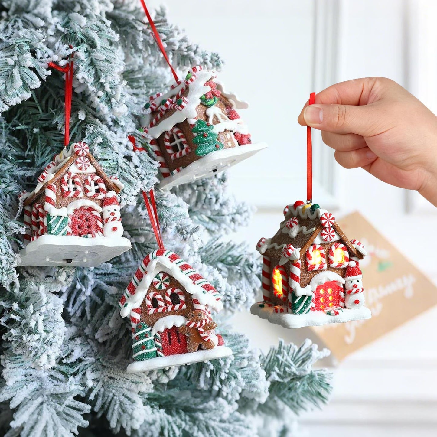3Pcs Christmas Gingerbread House Hanging Ornaments for Xmas Tree,3D Light-Up Handmade Clay Gingerbread Candy House with Santa Claus Snowman for Christmas Eve New Year Winter Holiday Party Decorations