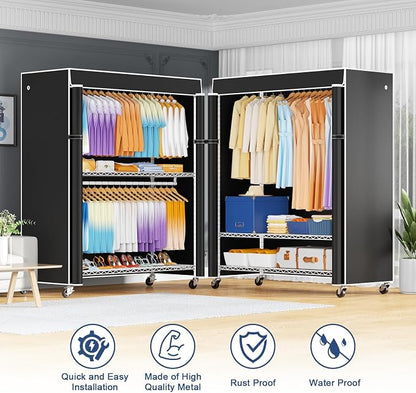 ULIFHOME P8C Max Heavy Duty Clothes Rack（With Extended Width Design） Rolling Clothing Racks for Hanging Clothes with Lockable Wheels，51.2"W x 15.8"D x 80.5"H，Load 800LBS，White Rack with Black Cover