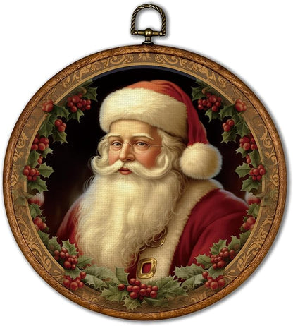 KSDUT Vintage Christmas Wall Decor Art - Retro Santa Claus Wall Art Canvas Frame Hanging Prints, Merry Christmas Xmas Holiday Round Wall Art Decor for Farmhouse Home Decorations 10"x10"