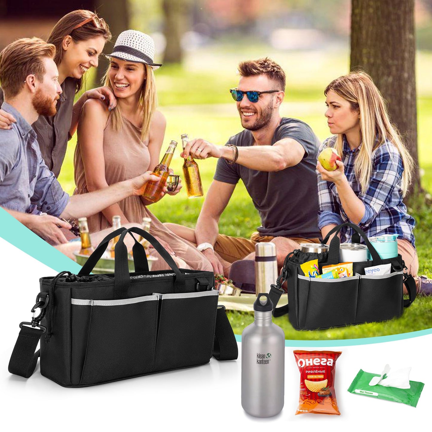 Trunab Water Bottle Carrier with Drawstring Buckle, 32/40 oz Cup Holder Bag with Detachable Divider, 3 Cup Carrier with Adjustable Shoulder Strap