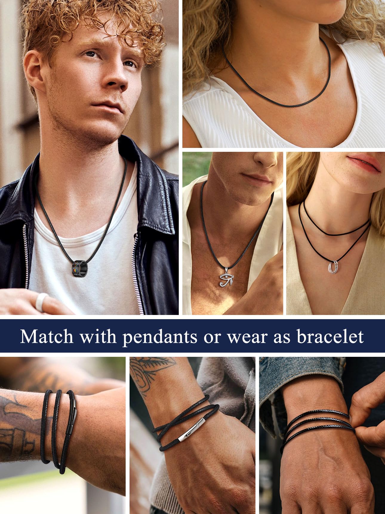 Suplight Waterproof 3mm Woven Wax Rope Chain For Men Women, Black Leather Necklace Cord With Superb Strong Clasp, Breathable Braided Leather Necklace DIY Jewelry For Pendant 18inch