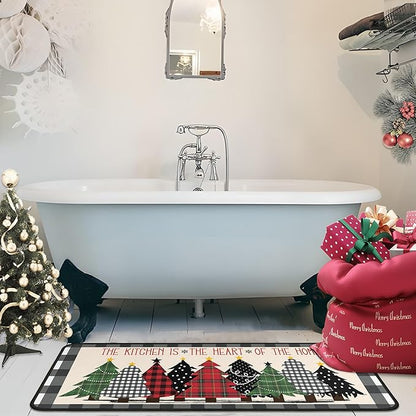 Buffalo Plaid Xmas Trees Merry Christmas Kitchen Rugs Set of 2, Christmas Indoor Floor Mats for Winter, Xmas Door Mat Runner Rug for Kitchen Home Decor 17"x47"+17"x30"
