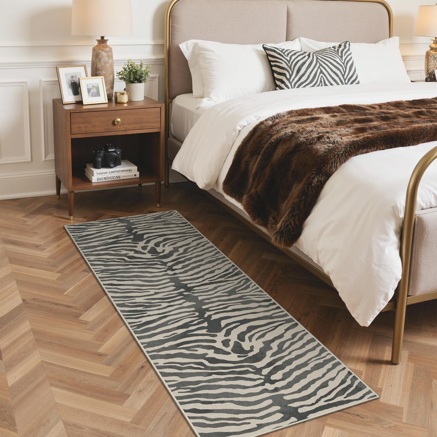 Bavni 2x6 Zebra Runners Rug for Hallways, Machine Washable Non Slip, Soft Print Animal Rugs for Entrance-Lightweight Low Pile Brown Carpet for Bedroom Kitchen and Corridor,Zebra
