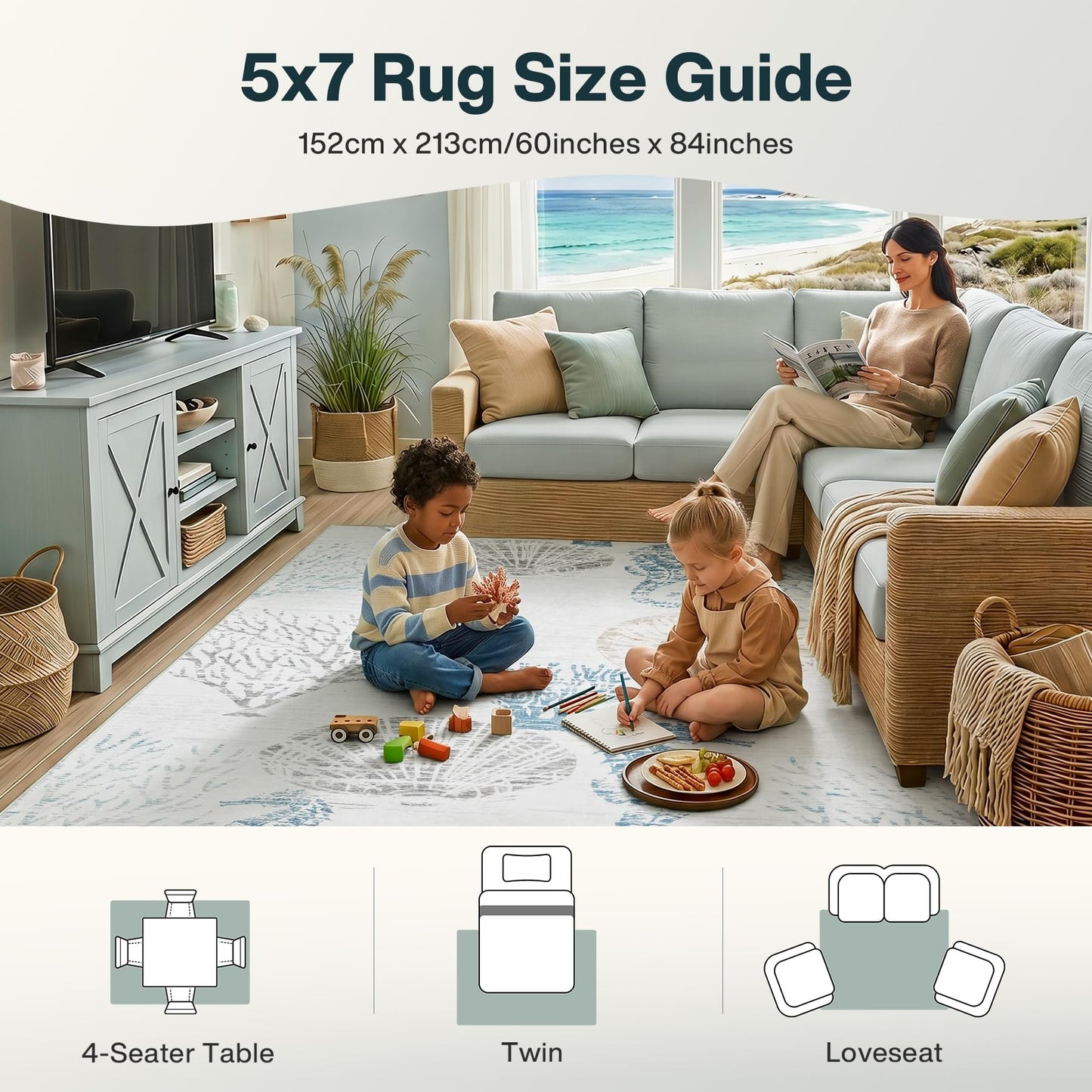 Tribesigns Boho Coastal 5x7 Washable Area Rugs for Living Room, Soft Non-Slip Rugs for Bedroom Dining Room, Large Ultra Thin Printed Carpet for Ocean Beach Dorm Kids Room Office Decor