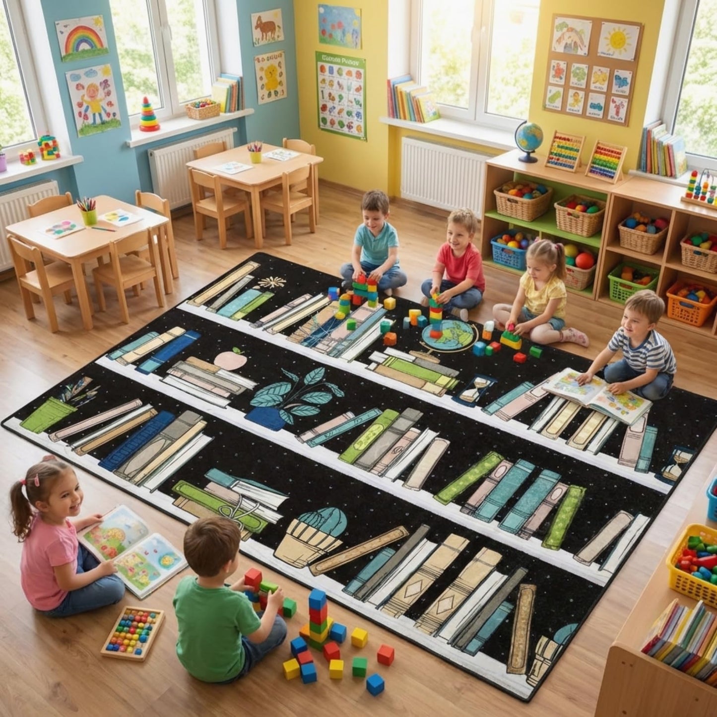 Breling 6 x 9 ft Bookshelf Reading Nook Rug Calming Corner Rug, Library Themed Classroom Floor Quote Non-Slip Reading Corner Emotion Soft Fluffy for for Classroom, Preschool, Playroom