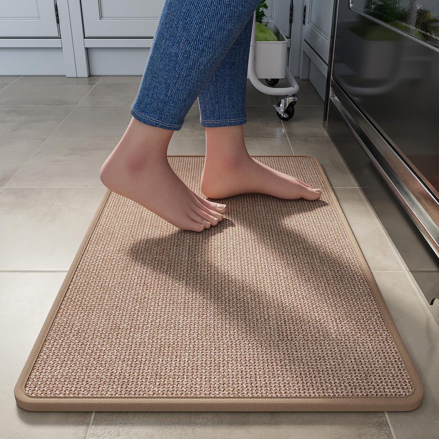 YDKGL Kitchen Rugs Mat Non Slip Washable, Linen-Look 0.3" Thick Soft Cushioned Absorbent Kitchen Mats for Floor, Mild Anti-Fatigue Runner Rug Sink Mat Laundry Standing Mats, Easy Clean, Brown 17"x30"