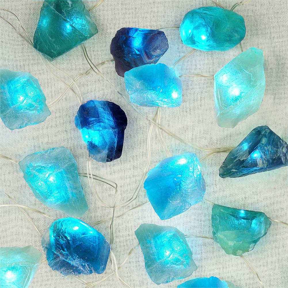 BOHON Natural Fluorite String Lights Battery Operated with Remote Sea Glass Raw Stones Decorative Lights 6.5ft 20 LEDs for Bedroom Party Indoor Christmas Wedding Decor