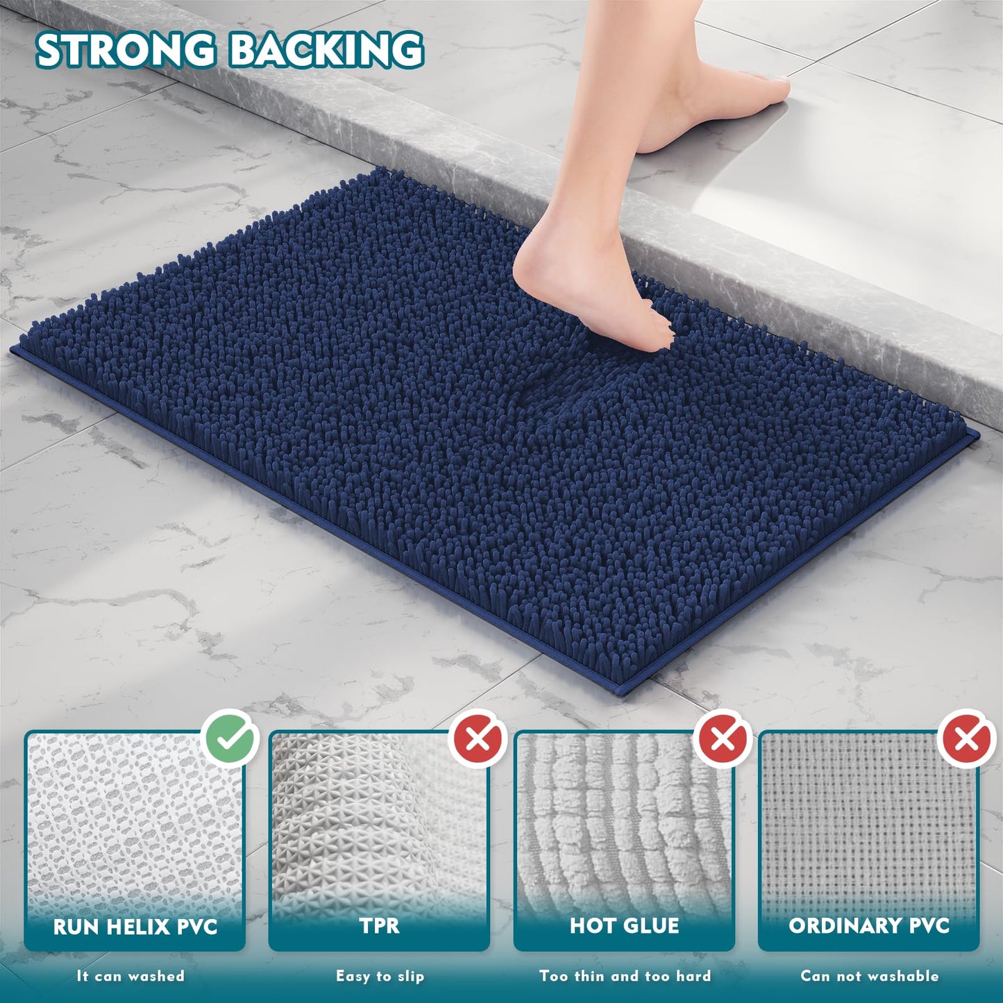 Bathroom Rugs Sets 3 Piece, Extra Soft Absorbent Chenille Bath Rugs, Non Slip Rubber Backing Machine Washable Quick Dry Bath Mats for Bathroom Floor, Tub, Shower, Home Decor Accessories, Navy Blue