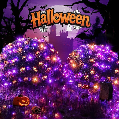 LitHome 21FT x 5FT Halloween Net Lights, 360 LED Purple Orange Bush Lights with 8 Modes, Connectable Waterproof Net Mesh Light Dark Green Wire for Bushes Shrubs Trees Outdoor Holiday Decor