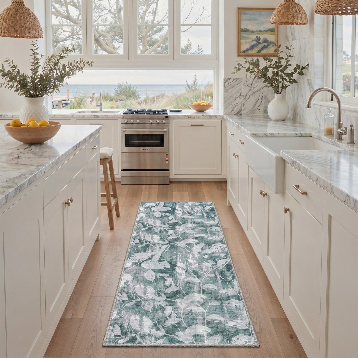 GENIMO 2X5 Hallway Runner, Machine Washable Non Slip Low Pile Soft Rugs, Modern Botanical Faded Leaves Carpet for Entryway, Kitchen, Dusty Sage