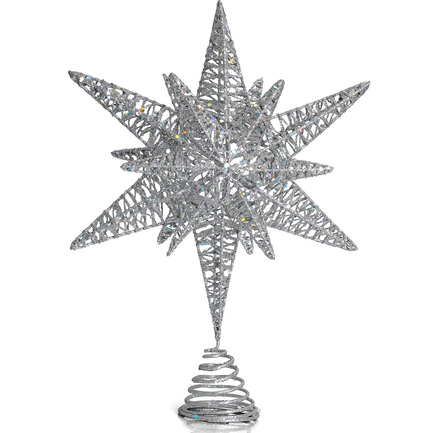 Ornativity Silver Star Tree Topper – Christmas Silver 3D Glitter Star Toppers Ornament Treetop Xmas Trees Top Decoration Holiday Decor 16"